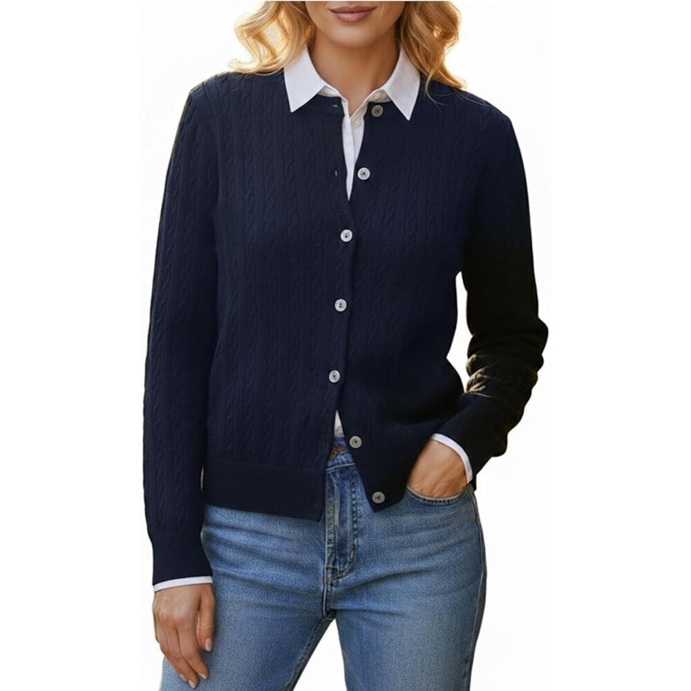 Women’s Chunky Cable Knit Cardigan Soft Crewneck Long Sleeve Top